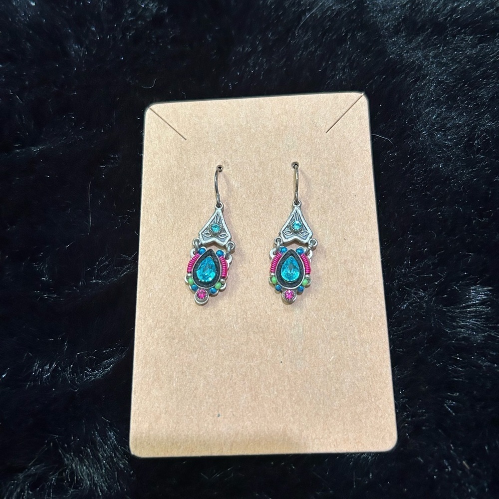 Boho Gemstone-Inspired Dangle Earrings Teardrop Blue with Pink Silver Detailing - Picture 3 of 5